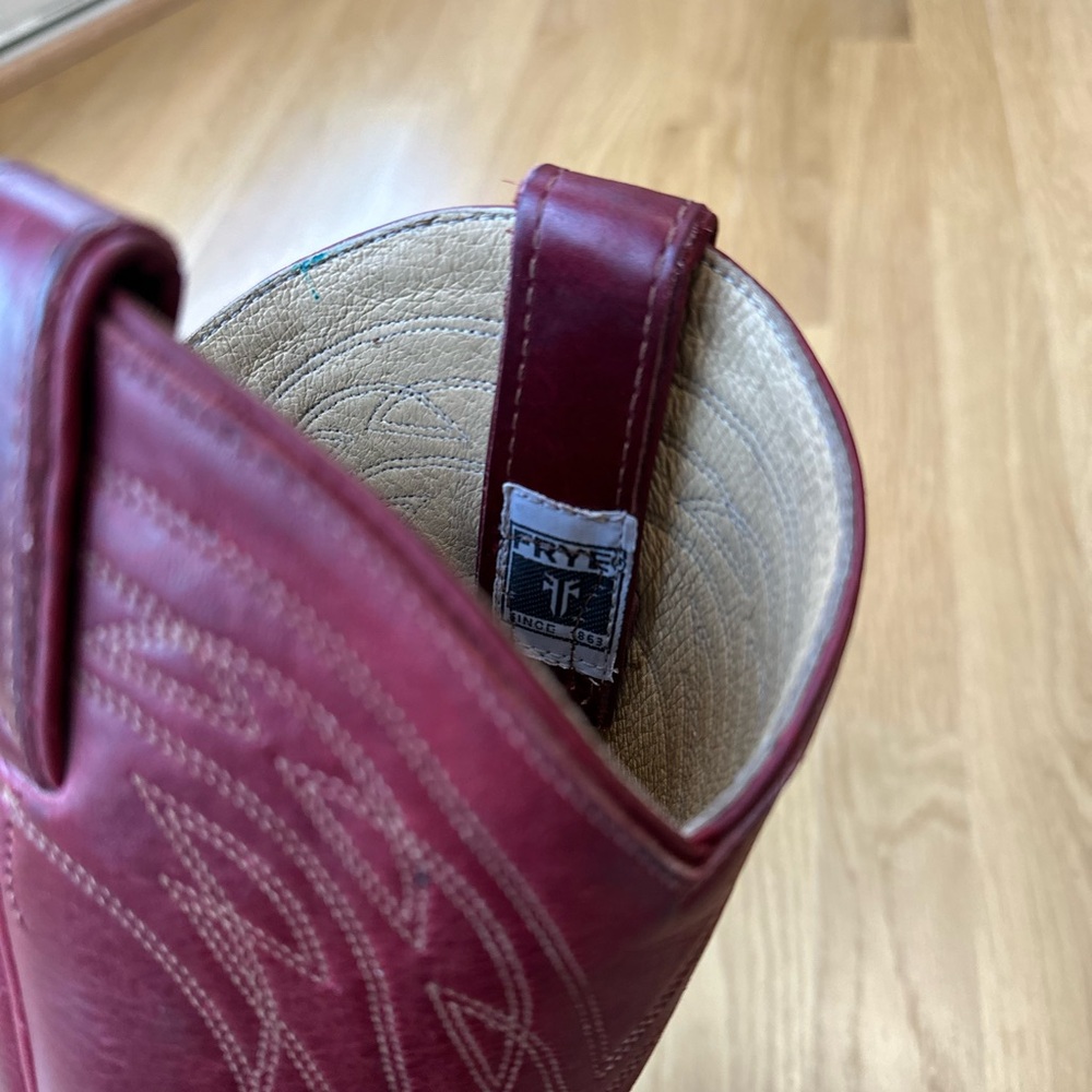 Frye Women's Billy Harness Western Boots in burgundy and brown leather - Picture 5 of 9